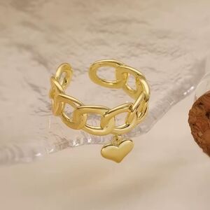 Gold Heart Charm Chain Ring